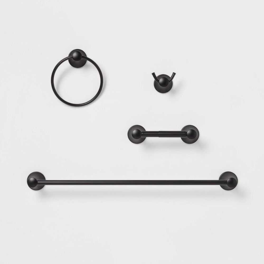 4pc Casual Bathroom Hardware Set with Robe Hook & Tissue Holder - Black